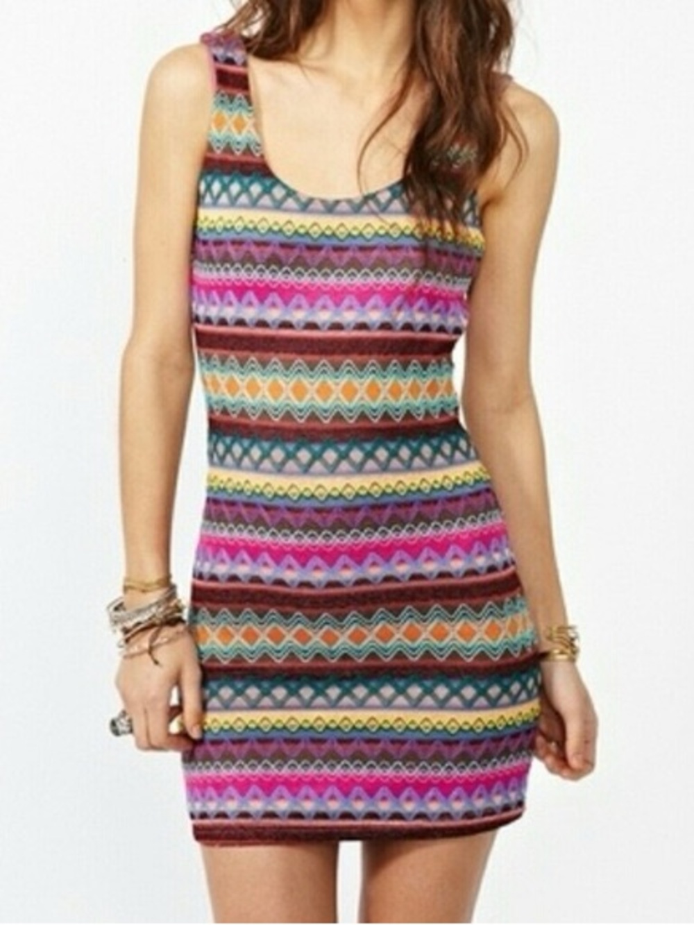 Estam Boho Tribal Print Bodcon Scoop Neck Midi Dress